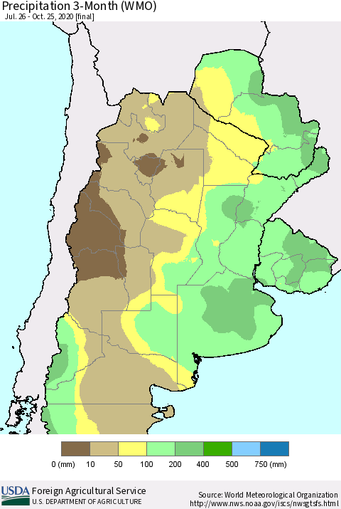 Southern South America Precipitation 3-Month (WMO) Thematic Map For 7/26/2020 - 10/25/2020