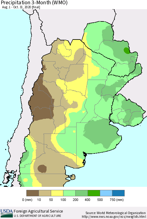 Southern South America Precipitation 3-Month (WMO) Thematic Map For 8/1/2020 - 10/31/2020