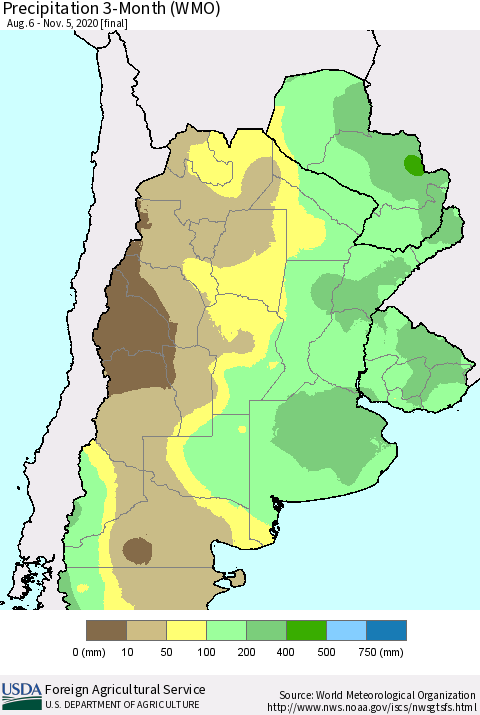 Southern South America Precipitation 3-Month (WMO) Thematic Map For 8/6/2020 - 11/5/2020