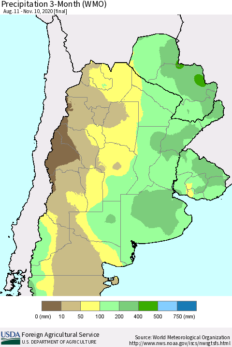 Southern South America Precipitation 3-Month (WMO) Thematic Map For 8/11/2020 - 11/10/2020