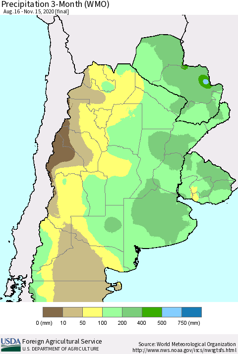Southern South America Precipitation 3-Month (WMO) Thematic Map For 8/16/2020 - 11/15/2020
