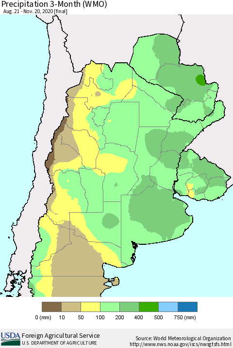 Southern South America Precipitation 3-Month (WMO) Thematic Map For 8/21/2020 - 11/20/2020