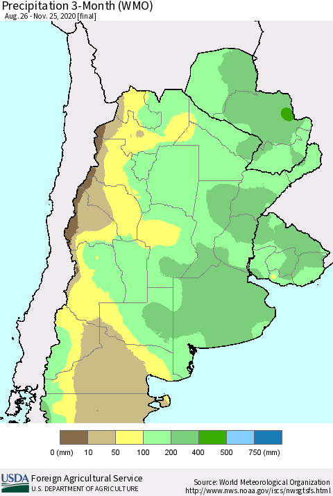 Southern South America Precipitation 3-Month (WMO) Thematic Map For 8/26/2020 - 11/25/2020