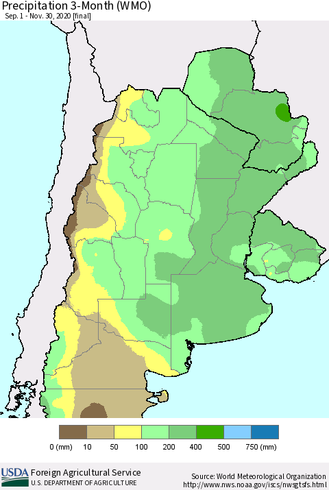 Southern South America Precipitation 3-Month (WMO) Thematic Map For 9/1/2020 - 11/30/2020