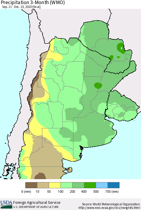 Southern South America Precipitation 3-Month (WMO) Thematic Map For 9/11/2020 - 12/10/2020