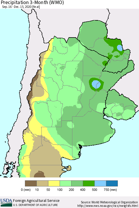 Southern South America Precipitation 3-Month (WMO) Thematic Map For 9/16/2020 - 12/15/2020