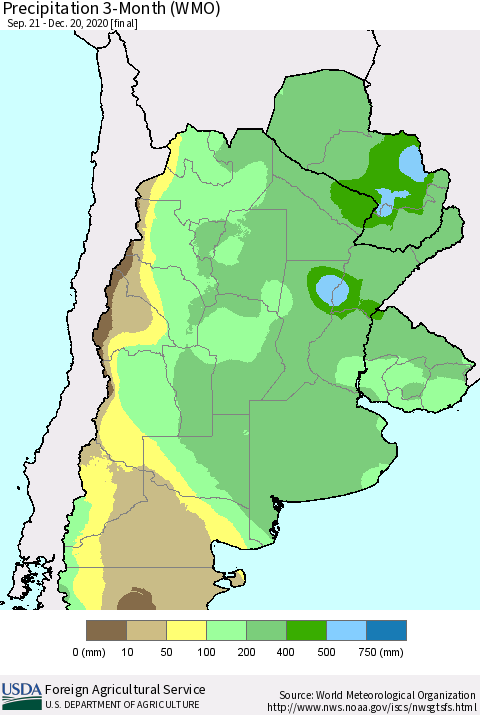 Southern South America Precipitation 3-Month (WMO) Thematic Map For 9/21/2020 - 12/20/2020