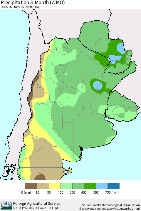 Southern South America Precipitation 3-Month (WMO) Thematic Map For 9/26/2020 - 12/25/2020