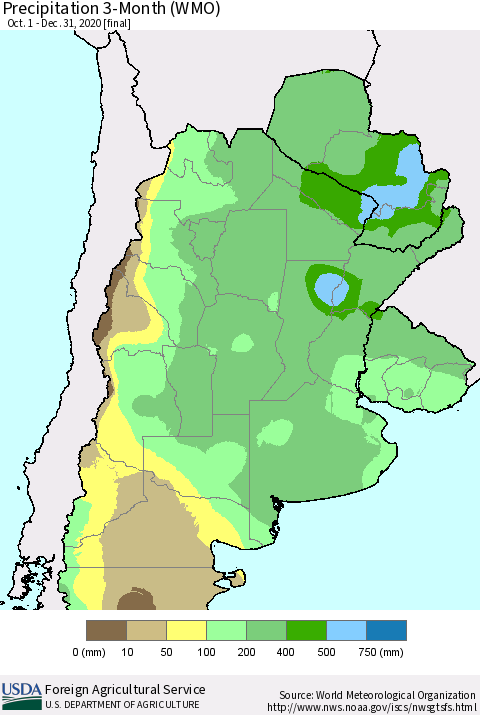 Southern South America Precipitation 3-Month (WMO) Thematic Map For 10/1/2020 - 12/31/2020