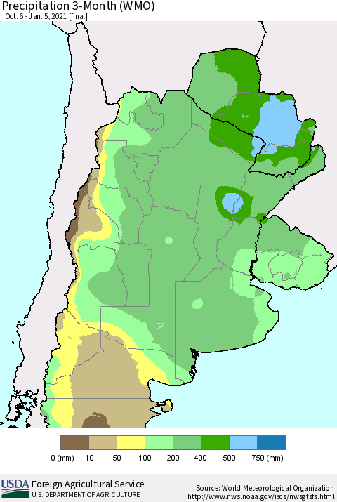 Southern South America Precipitation 3-Month (WMO) Thematic Map For 10/6/2020 - 1/5/2021