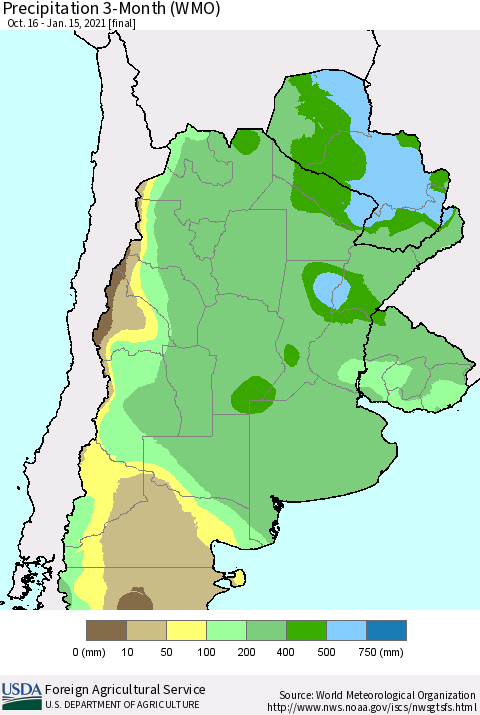 Southern South America Precipitation 3-Month (WMO) Thematic Map For 10/16/2020 - 1/15/2021
