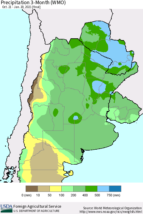 Southern South America Precipitation 3-Month (WMO) Thematic Map For 10/21/2020 - 1/20/2021
