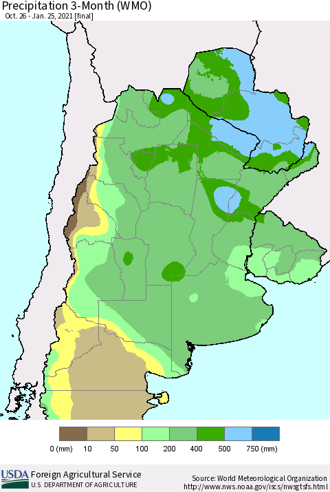Southern South America Precipitation 3-Month (WMO) Thematic Map For 10/26/2020 - 1/25/2021