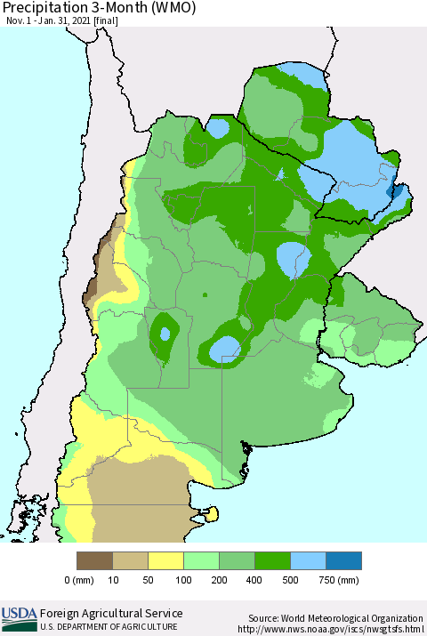 Southern South America Precipitation 3-Month (WMO) Thematic Map For 11/1/2020 - 1/31/2021