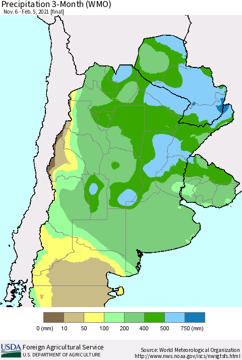 Southern South America Precipitation 3-Month (WMO) Thematic Map For 11/6/2020 - 2/5/2021