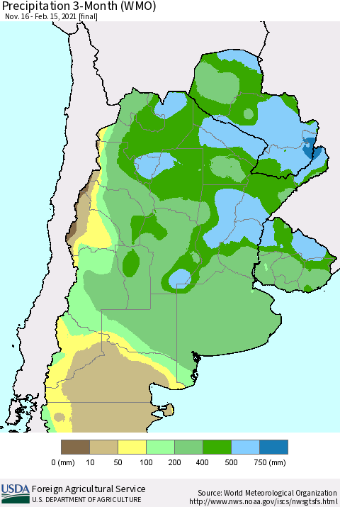 Southern South America Precipitation 3-Month (WMO) Thematic Map For 11/16/2020 - 2/15/2021