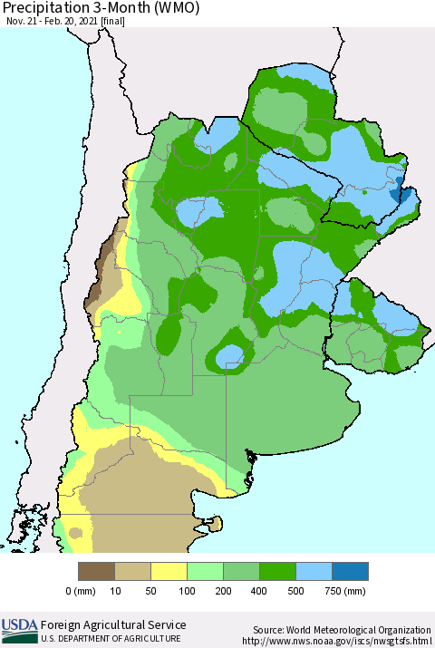 Southern South America Precipitation 3-Month (WMO) Thematic Map For 11/21/2020 - 2/20/2021