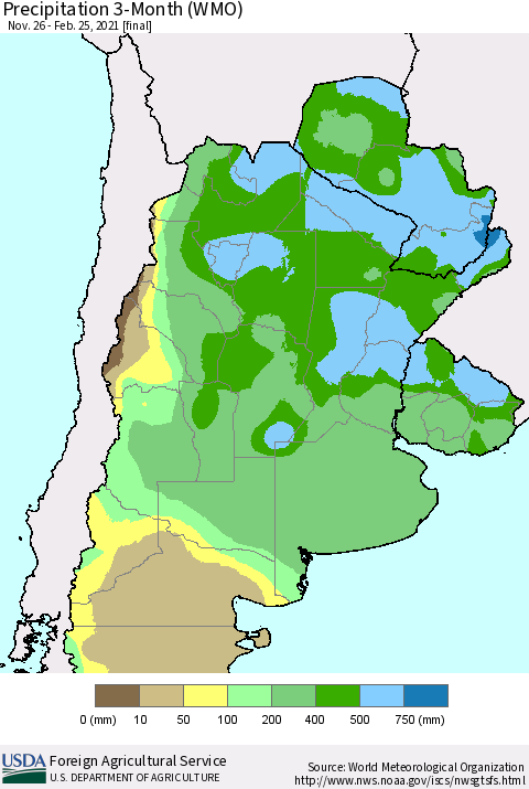 Southern South America Precipitation 3-Month (WMO) Thematic Map For 11/26/2020 - 2/25/2021