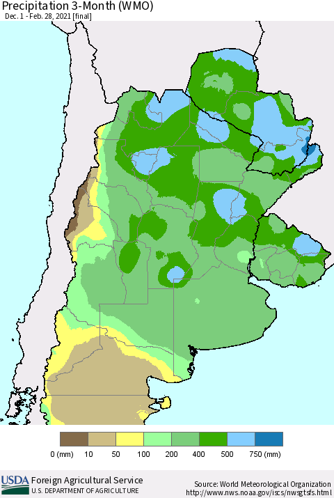 Southern South America Precipitation 3-Month (WMO) Thematic Map For 12/1/2020 - 2/28/2021