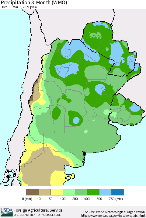 Southern South America Precipitation 3-Month (WMO) Thematic Map For 12/6/2020 - 3/5/2021
