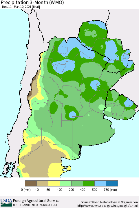 Southern South America Precipitation 3-Month (WMO) Thematic Map For 12/11/2020 - 3/10/2021