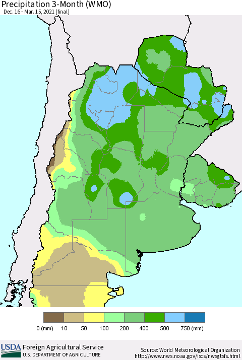 Southern South America Precipitation 3-Month (WMO) Thematic Map For 12/16/2020 - 3/15/2021