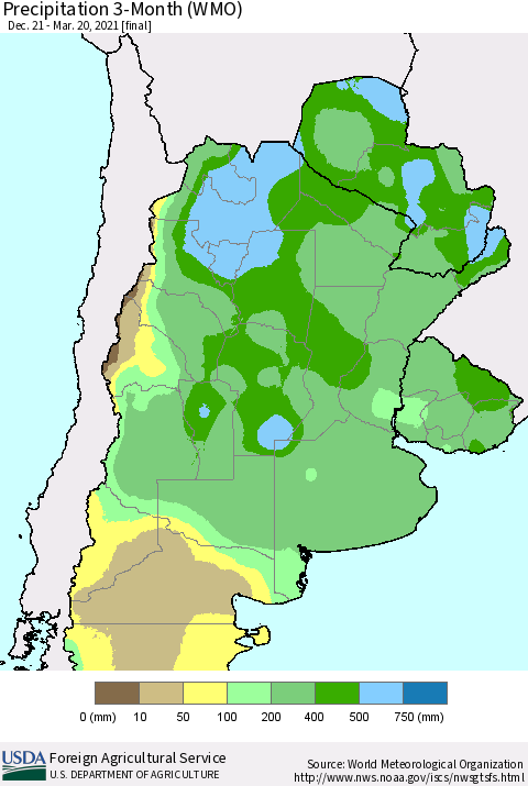 Southern South America Precipitation 3-Month (WMO) Thematic Map For 12/21/2020 - 3/20/2021