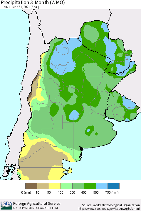 Southern South America Precipitation 3-Month (WMO) Thematic Map For 1/1/2021 - 3/31/2021