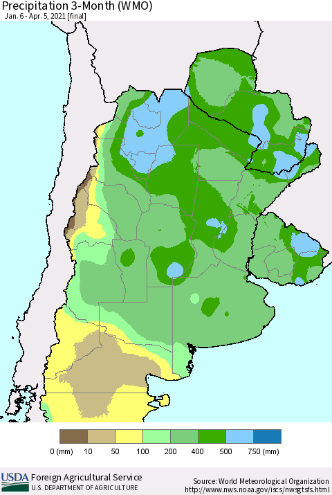 Southern South America Precipitation 3-Month (WMO) Thematic Map For 1/6/2021 - 4/5/2021