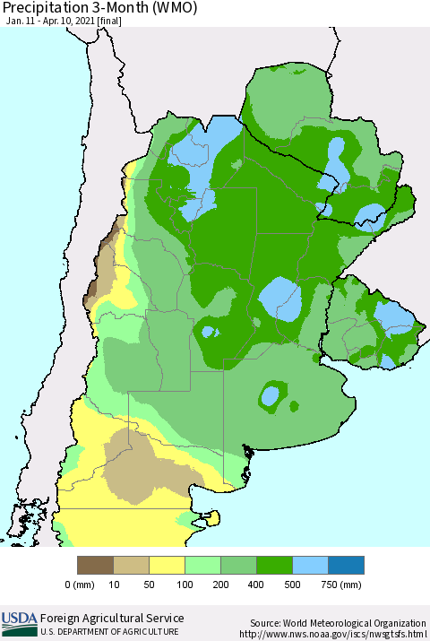 Southern South America Precipitation 3-Month (WMO) Thematic Map For 1/11/2021 - 4/10/2021