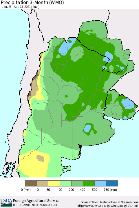 Southern South America Precipitation 3-Month (WMO) Thematic Map For 1/26/2021 - 4/25/2021