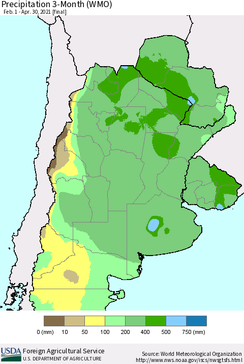 Southern South America Precipitation 3-Month (WMO) Thematic Map For 2/1/2021 - 4/30/2021
