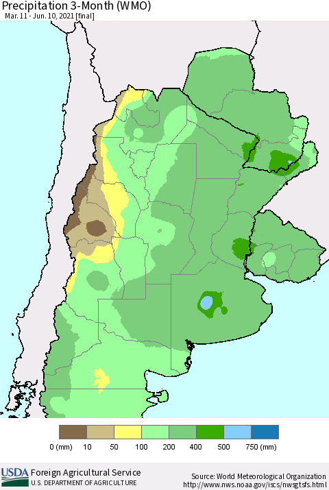 Southern South America Precipitation 3-Month (WMO) Thematic Map For 3/11/2021 - 6/10/2021