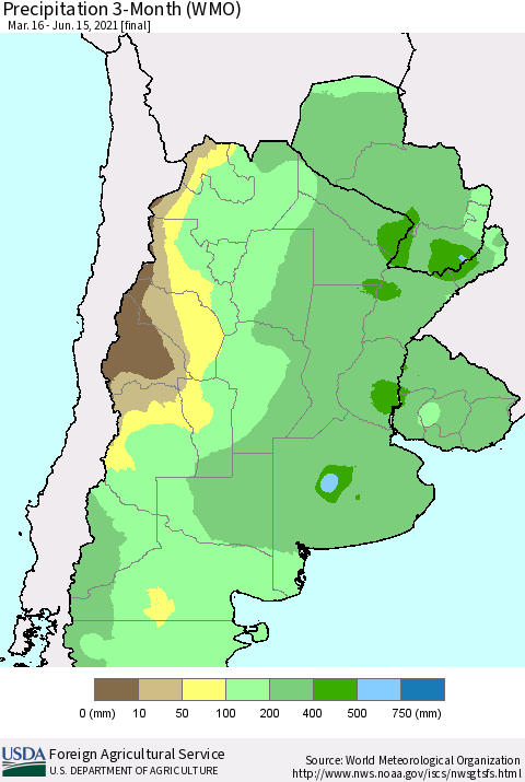 Southern South America Precipitation 3-Month (WMO) Thematic Map For 3/16/2021 - 6/15/2021