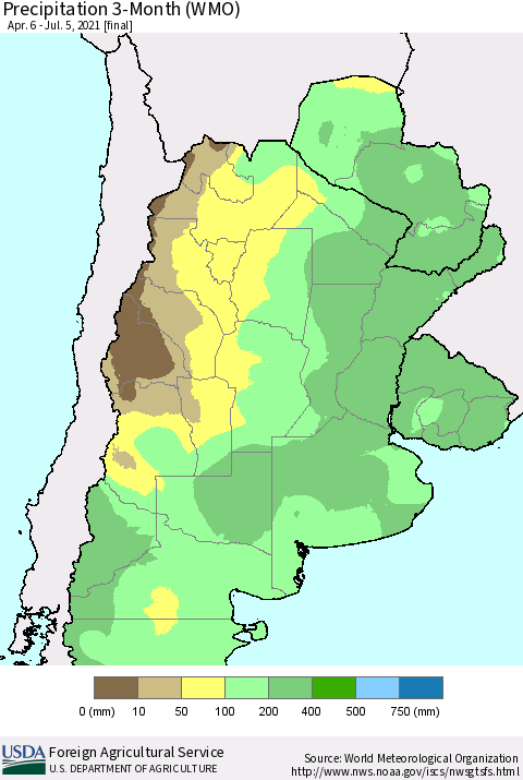 Southern South America Precipitation 3-Month (WMO) Thematic Map For 4/6/2021 - 7/5/2021