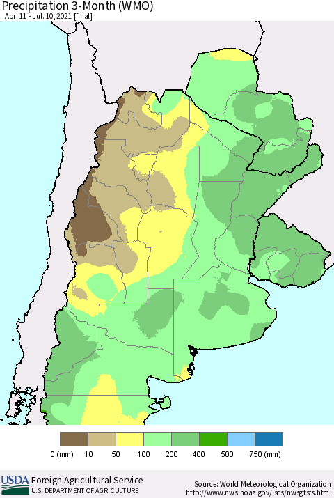 Southern South America Precipitation 3-Month (WMO) Thematic Map For 4/11/2021 - 7/10/2021