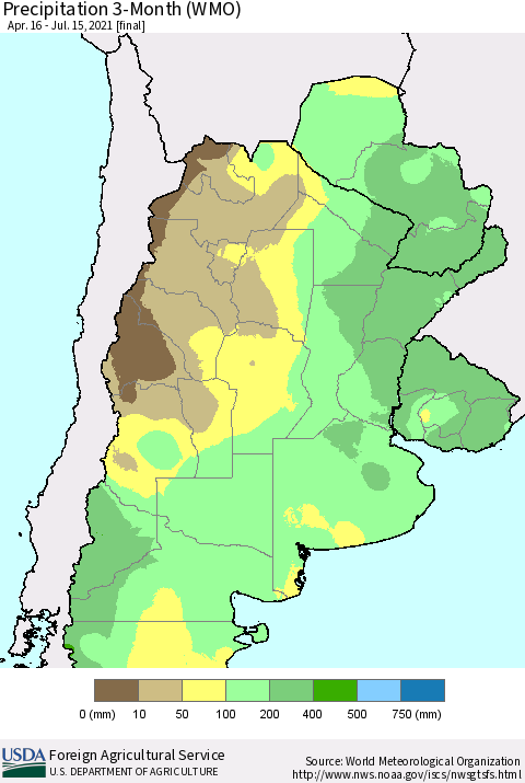 Southern South America Precipitation 3-Month (WMO) Thematic Map For 4/16/2021 - 7/15/2021