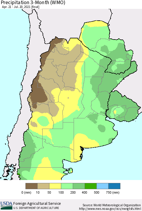 Southern South America Precipitation 3-Month (WMO) Thematic Map For 4/21/2021 - 7/20/2021