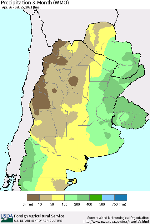 Southern South America Precipitation 3-Month (WMO) Thematic Map For 4/26/2021 - 7/25/2021