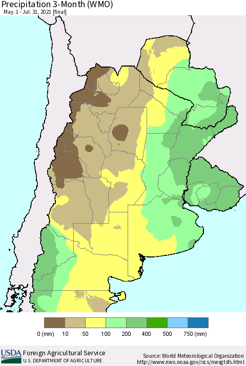 Southern South America Precipitation 3-Month (WMO) Thematic Map For 5/1/2021 - 7/31/2021