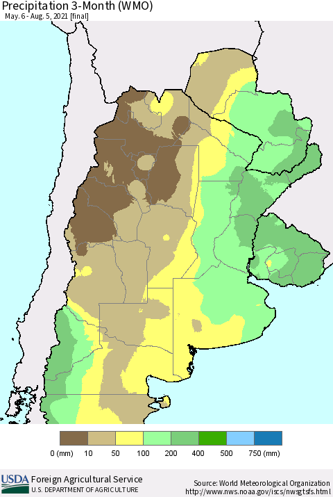Southern South America Precipitation 3-Month (WMO) Thematic Map For 5/6/2021 - 8/5/2021
