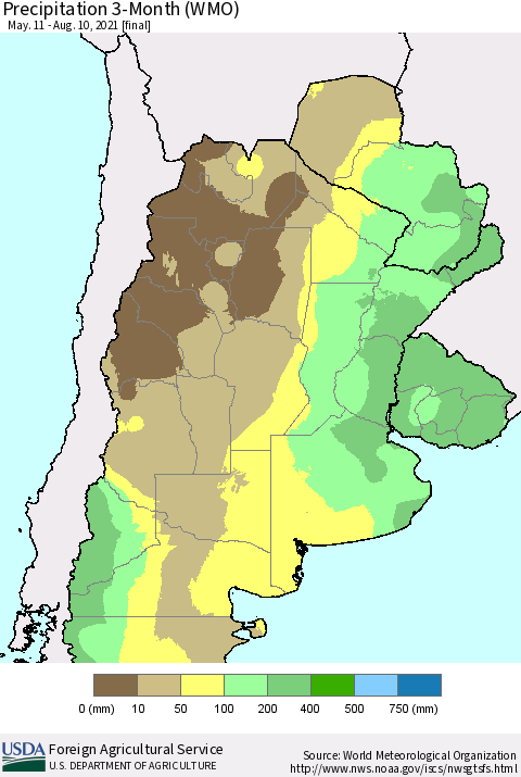 Southern South America Precipitation 3-Month (WMO) Thematic Map For 5/11/2021 - 8/10/2021