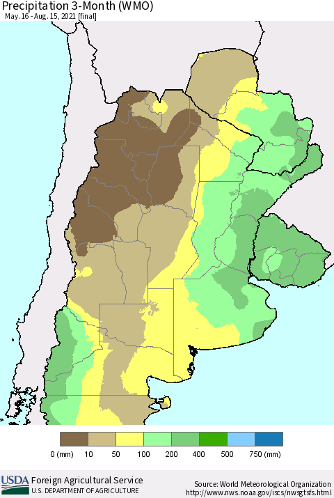 Southern South America Precipitation 3-Month (WMO) Thematic Map For 5/16/2021 - 8/15/2021