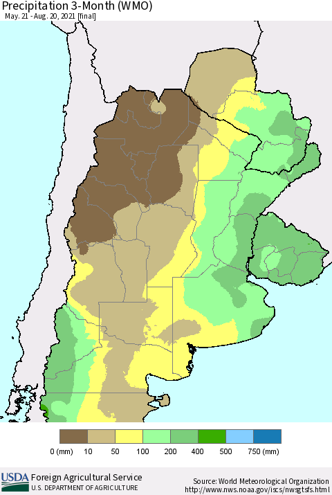Southern South America Precipitation 3-Month (WMO) Thematic Map For 5/21/2021 - 8/20/2021