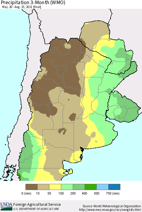 Southern South America Precipitation 3-Month (WMO) Thematic Map For 5/26/2021 - 8/25/2021