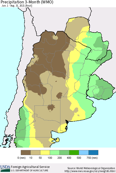 Southern South America Precipitation 3-Month (WMO) Thematic Map For 6/1/2021 - 8/31/2021