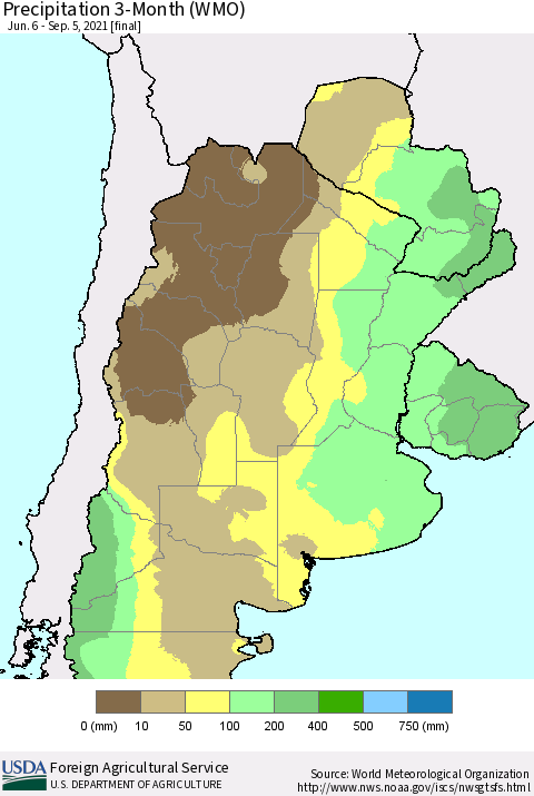 Southern South America Precipitation 3-Month (WMO) Thematic Map For 6/6/2021 - 9/5/2021