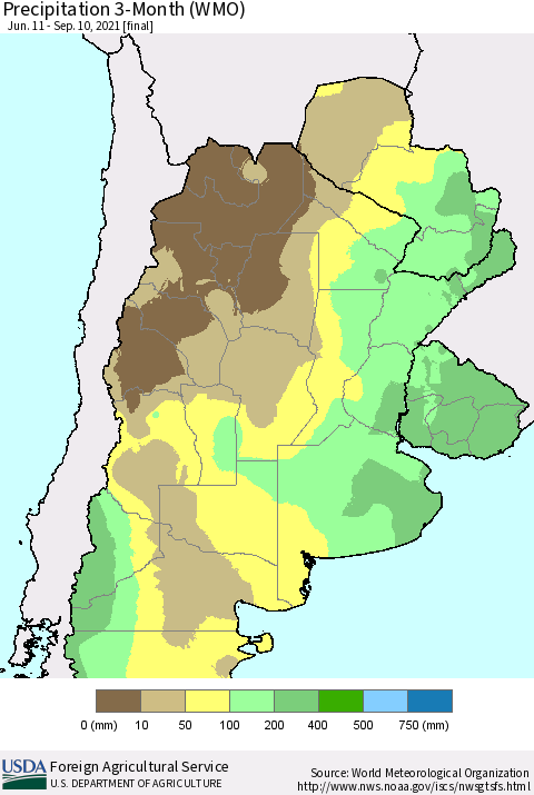 Southern South America Precipitation 3-Month (WMO) Thematic Map For 6/11/2021 - 9/10/2021
