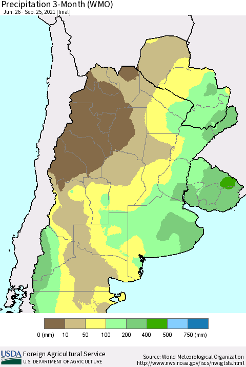 Southern South America Precipitation 3-Month (WMO) Thematic Map For 6/26/2021 - 9/25/2021