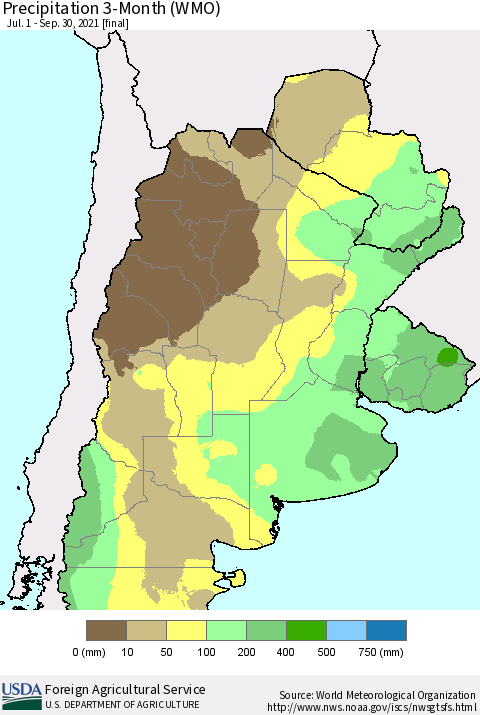 Southern South America Precipitation 3-Month (WMO) Thematic Map For 7/1/2021 - 9/30/2021